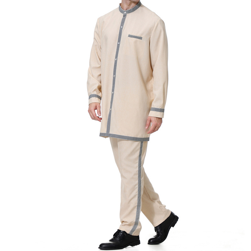 Saudi Arab Men 2 Piece Thobe Set Islamic Clothing Top Pants Abaya Muslim Robe Arab Men Thobe Thawb Caftan Suit