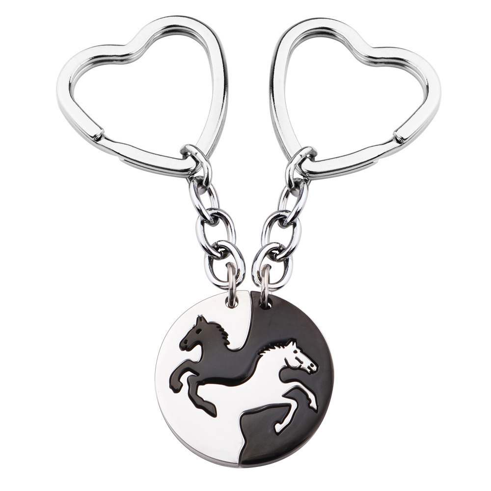 Yin Yang horse pedant keyring Heart shaped stainless steel black and white horse puzzle round key chain for gift