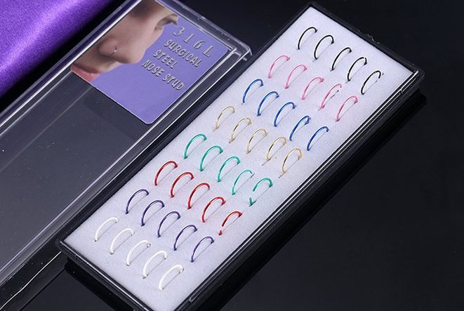 Fashionable 40 pieces per boxes stainless steel nose rings Colorful stainless steel non piercing nose rings