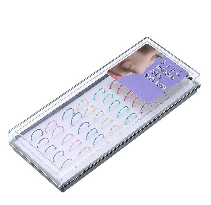 Fashionable 40 pieces per boxes stainless steel nose rings Colorful stainless steel non piercing nose rings