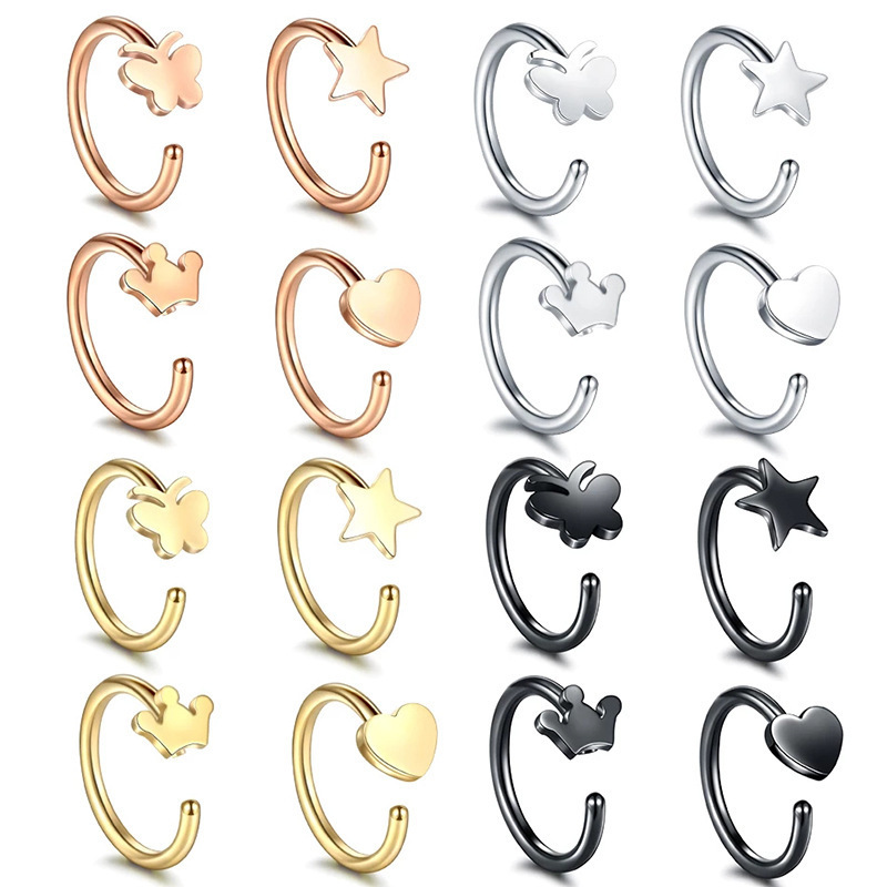 C-shaped anti allergy nose ring stainless steel star crown butterfly heart shape fake nose piercing jewelry