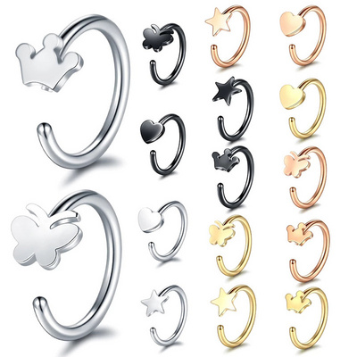 C-shaped anti allergy nose ring stainless steel star crown butterfly heart shape fake nose piercing jewelry