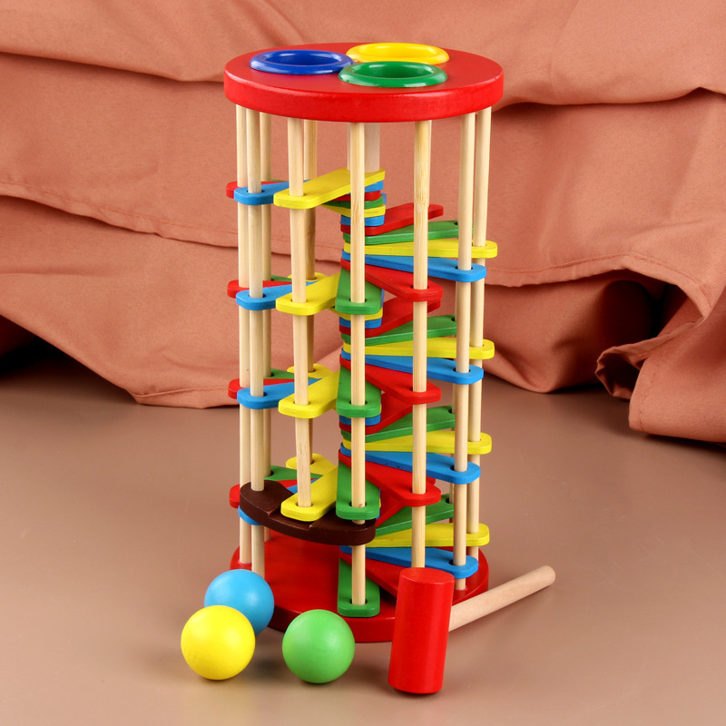 Kids  Environmental Protection Wooden Color Rotary Knock Ball Drop Wooden Ladder Knock Banging Toy Early Education Puzzle Toys