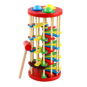 Kids  Environmental Protection Wooden Color Rotary Knock Ball Drop Wooden Ladder Knock Banging Toy Early Education Puzzle Toys