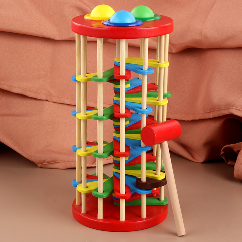 Kids  Environmental Protection Wooden Color Rotary Knock Ball Drop Wooden Ladder Knock Banging Toy Early Education Puzzle Toys