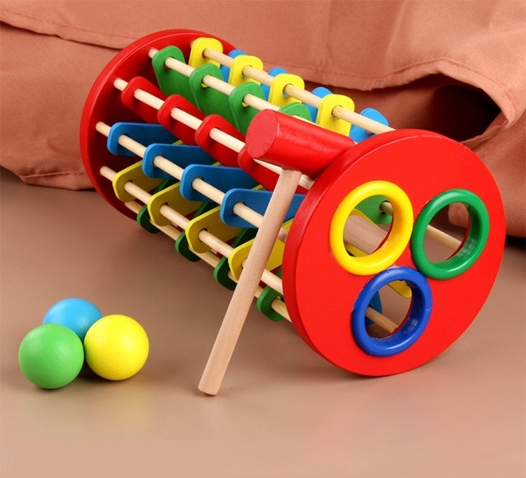 Kids  Environmental Protection Wooden Color Rotary Knock Ball Drop Wooden Ladder Knock Banging Toy Early Education Puzzle Toys