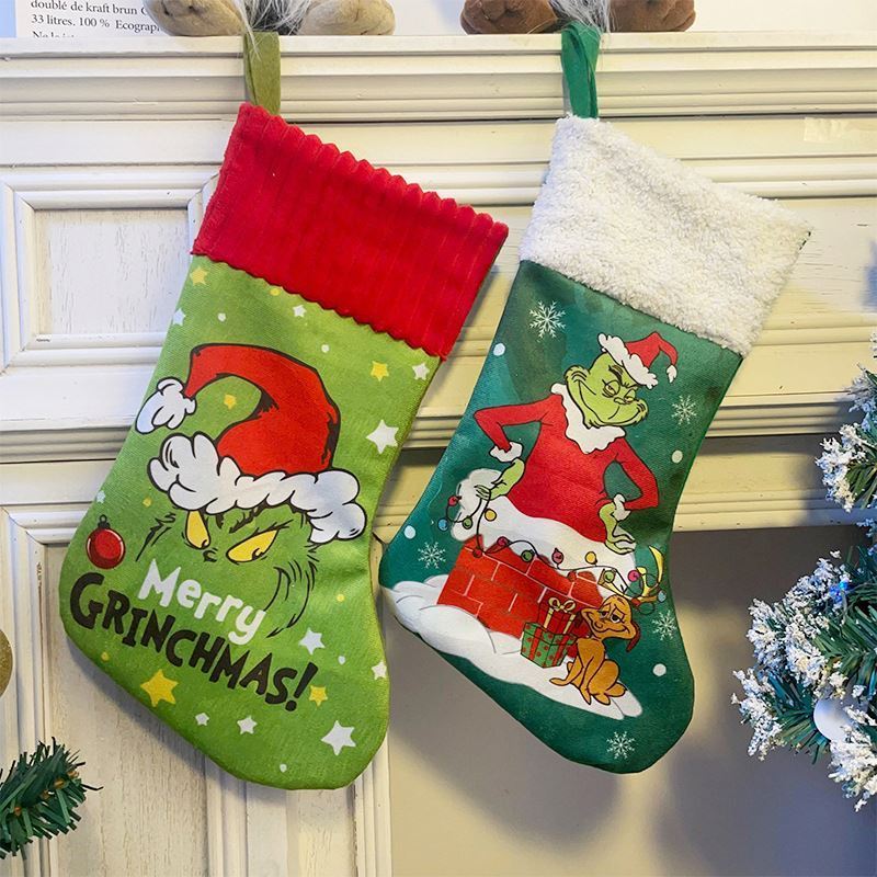 New Design Christmas Candy&Gift Sock Stocking Plush Bag Decor Grinch-chi Green Festival Monster Kids' Xmas Eve Present Bag