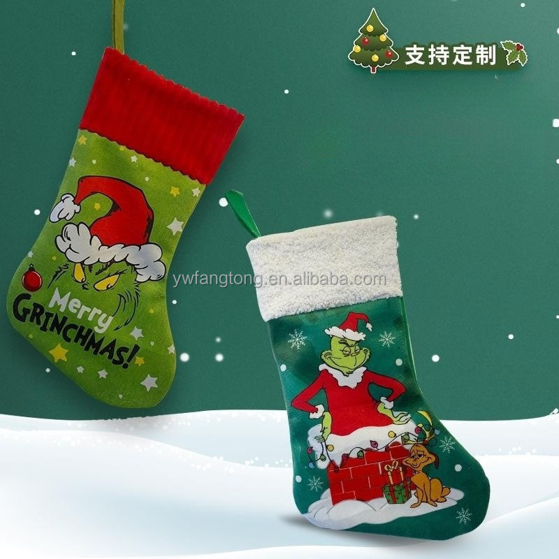 New Design Christmas Candy&Gift Sock Stocking Plush Bag Decor Grinch-chi Green Festival Monster Kids' Xmas Eve Present Bag