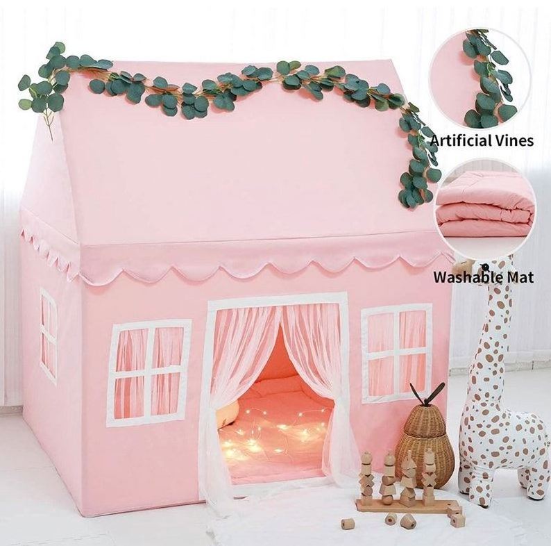 Pop Up Indoor And Outdoor Use Pink Play Tent With Light Kids Castle Play Tent Playhouse With Mat for Girls play tent