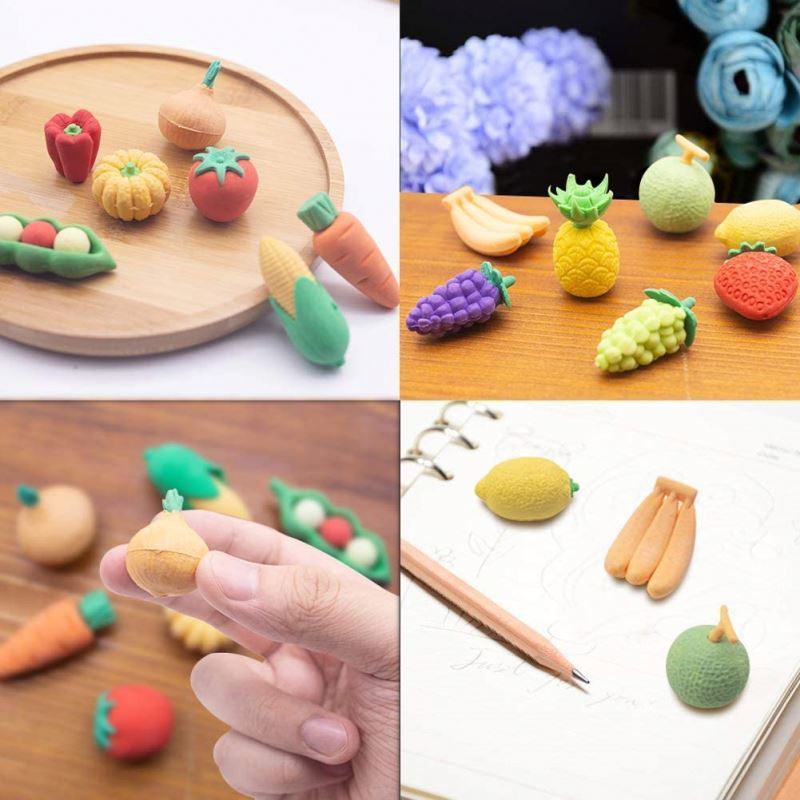 New Colorful Mini Fruits Vegetables Tiny Foods Miniature Pencil Erasers for Children Party Favors, School Supplies