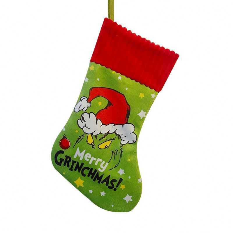 New Design Christmas Candy&Gift Sock Stocking Plush Bag Decor Grinch-chi Green Festival Monster Kids' Xmas Eve Present Bag