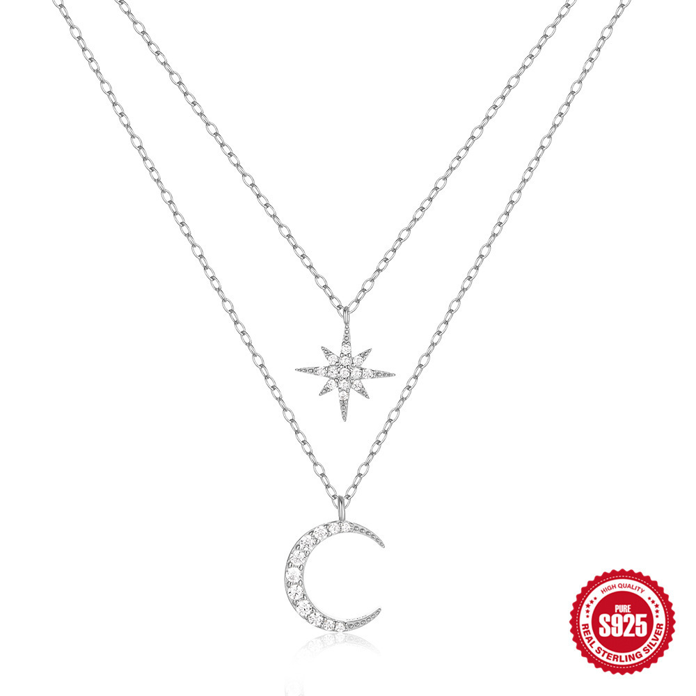 luxury 925 sterling silver curb chain Moon Star pendant ladies necklace for women