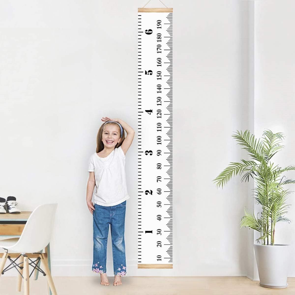 Growth Chart Wood Frame Fabric Canvas Wall Hanging Rulers Height Measurement Ruler for School Home Bedroom Wall Decor