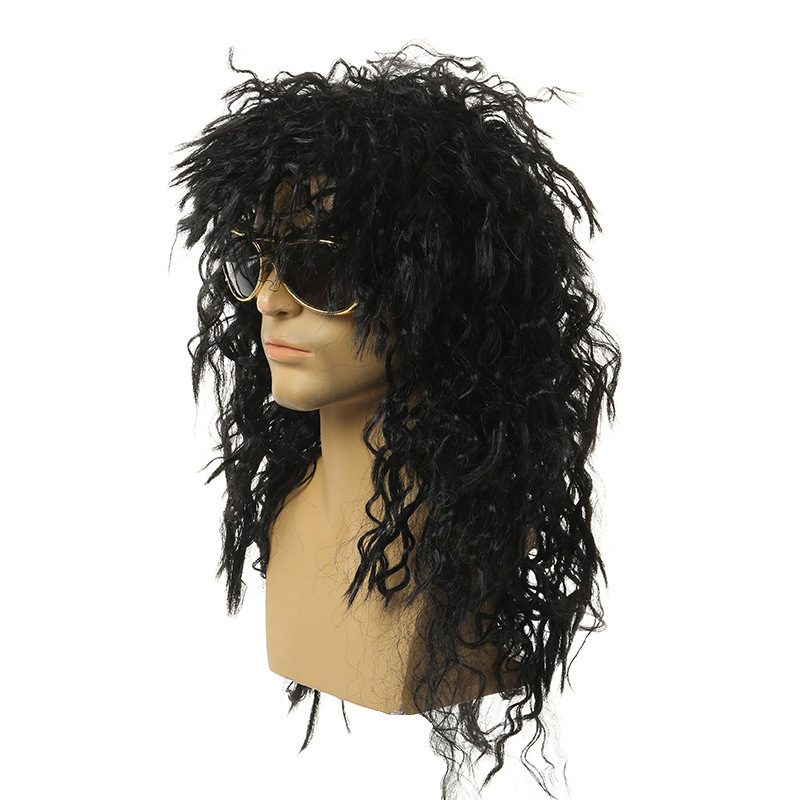 Men 80s Wig Black Curly Long Mullet Wigs Halloween Costumes Party Male Punk Heavy Metal Rocker Wig