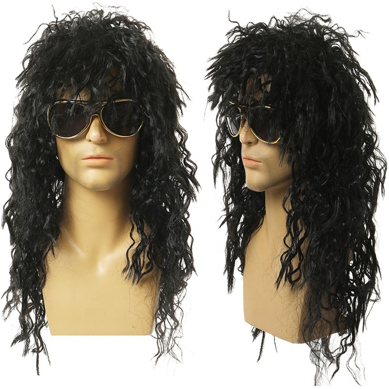 Men 80s Wig Black Curly Long Mullet Wigs Halloween Costumes Party Male Punk Heavy Metal Rocker Wig