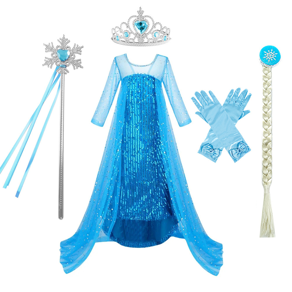 Factory Direct Cheap Kids Girls Frozen Dress Up Elsa Costume with Wig Crown Accessories Age 3-11 Years