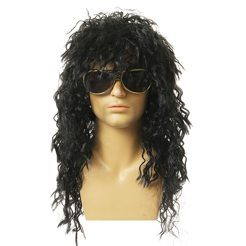 Men 80s Wig Black Curly Long Mullet Wigs Halloween Costumes Party Male Punk Heavy Metal Rocker Wig