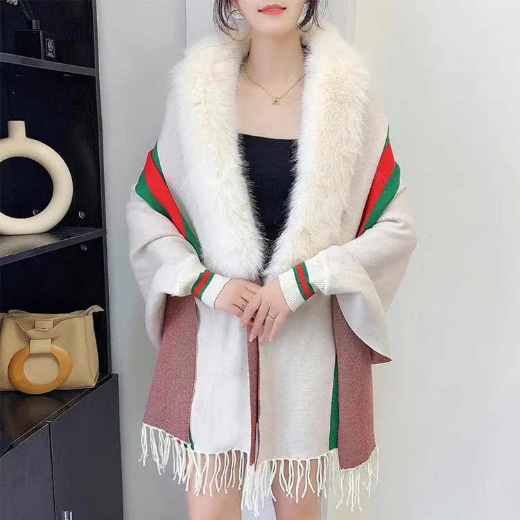 Elegant Ladies Wool Scarf Poncho Tassel Capes Warm Fall Winter Long Sleeve Stripe Women's Knit Cardigan Shawls With Fur Collar