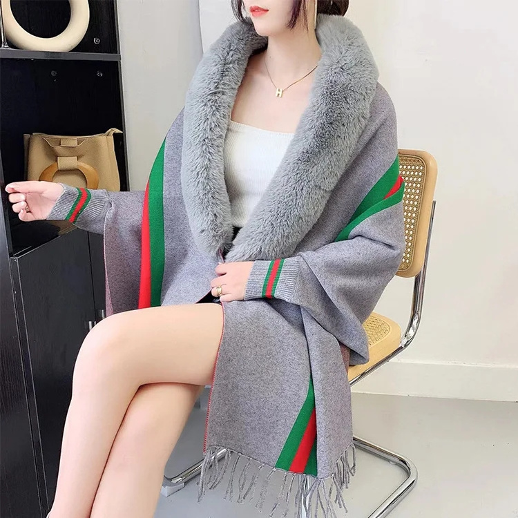 Elegant Ladies Wool Scarf Poncho Tassel Capes Warm Fall Winter Long Sleeve Stripe Women's Knit Cardigan Shawls With Fur Collar