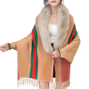 Elegant Ladies Wool Scarf Poncho Tassel Capes Warm Fall Winter Long Sleeve Stripe Women's Knit Cardigan Shawls With Fur Collar