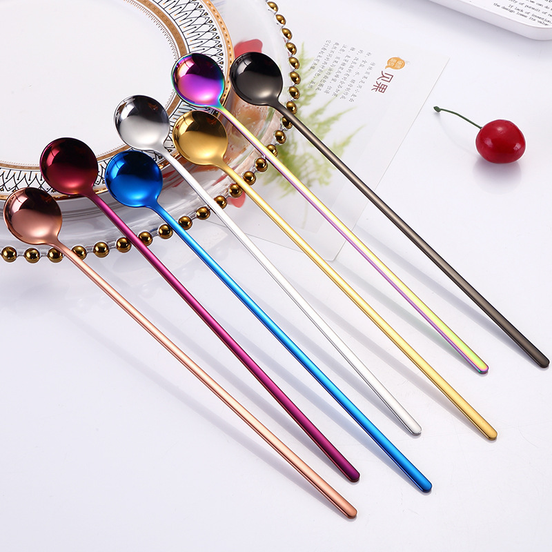 Long Handled Stainless Steel Rose Gold Teaspoon Sugar Bar Coffee Ice Stirring Spoon Metal Dessert Tea Spoon Cutlery Spoon