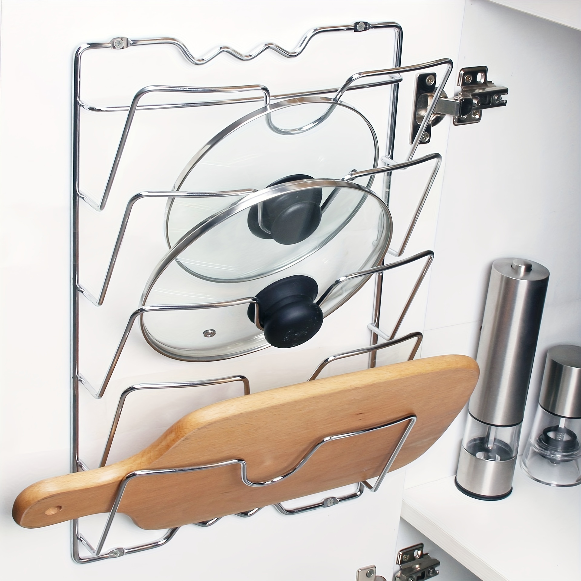 Cabinet Lid Organizer Wall Mount Pan Pot Lid Holder Kitchen Storage Racks Metal Steel Door Hanging Lid Rack