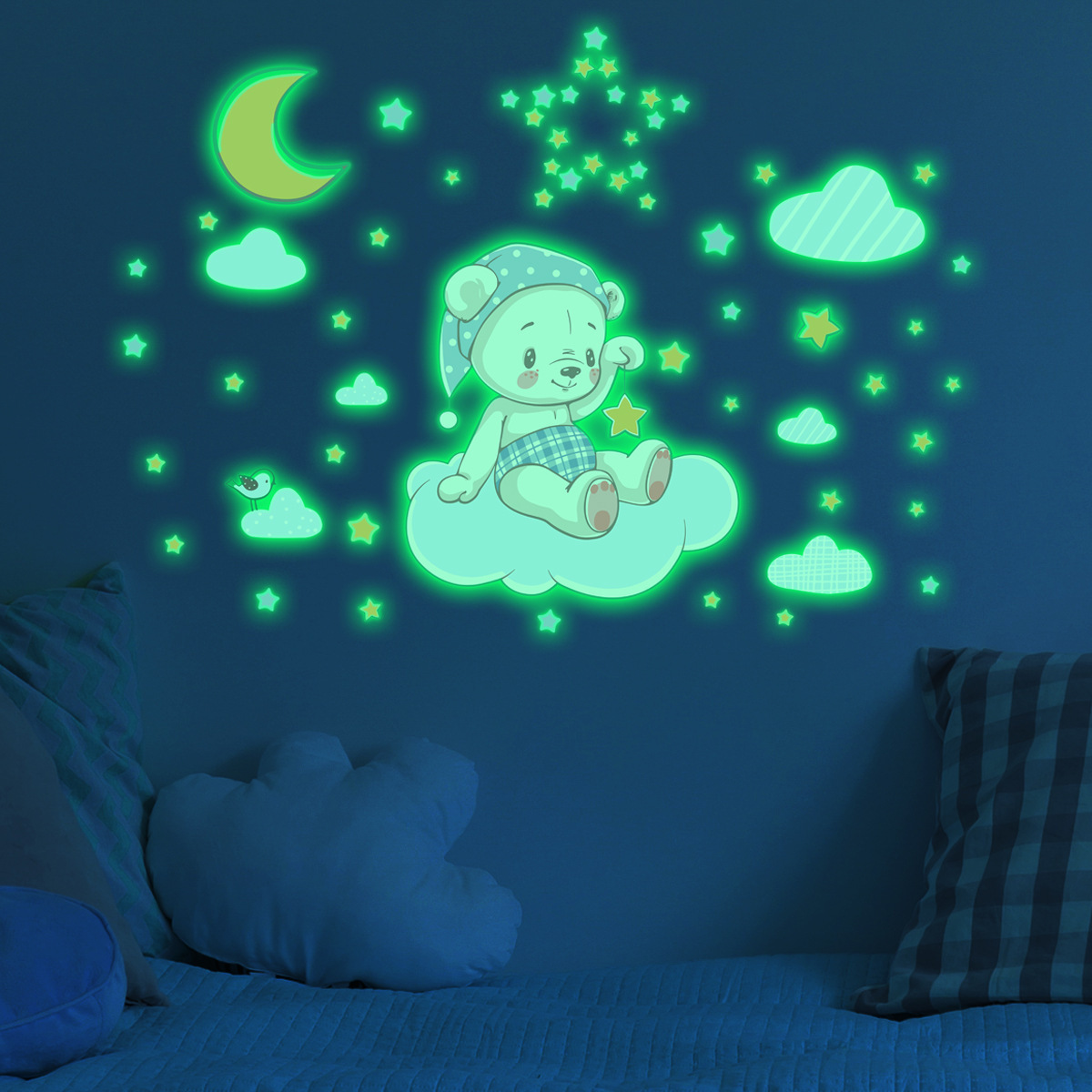 Background Bear Sitting On The Clouds Luminous Wall Stickers Kids Bedroom Decal Glow in Dark Stickers