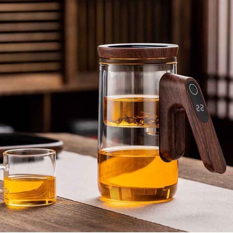 Borosilicate Glass Tea Glass Tea Pot With Acacia Wood Timer Handle 550ml Capacity