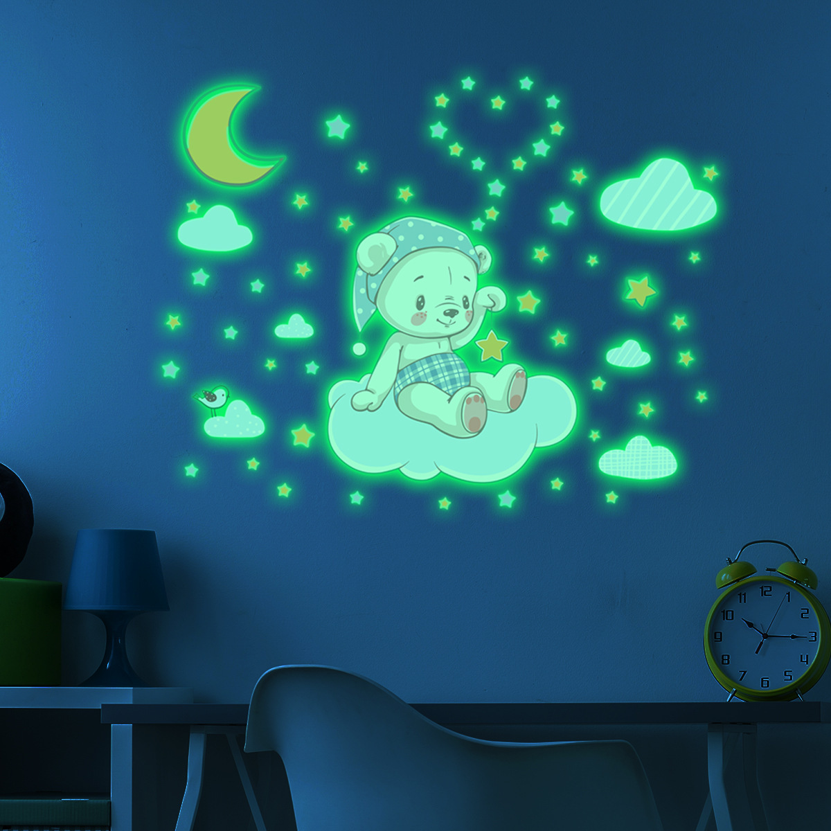 Background Bear Sitting On The Clouds Luminous Wall Stickers Kids Bedroom Decal Glow in Dark Stickers