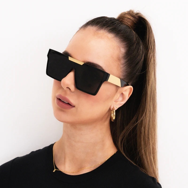 3403 Finewell Trendy Big Frames One Piece Sun glasses Black Gold Custom Logo Oversized Square Fashion Sunglasses For Women Men