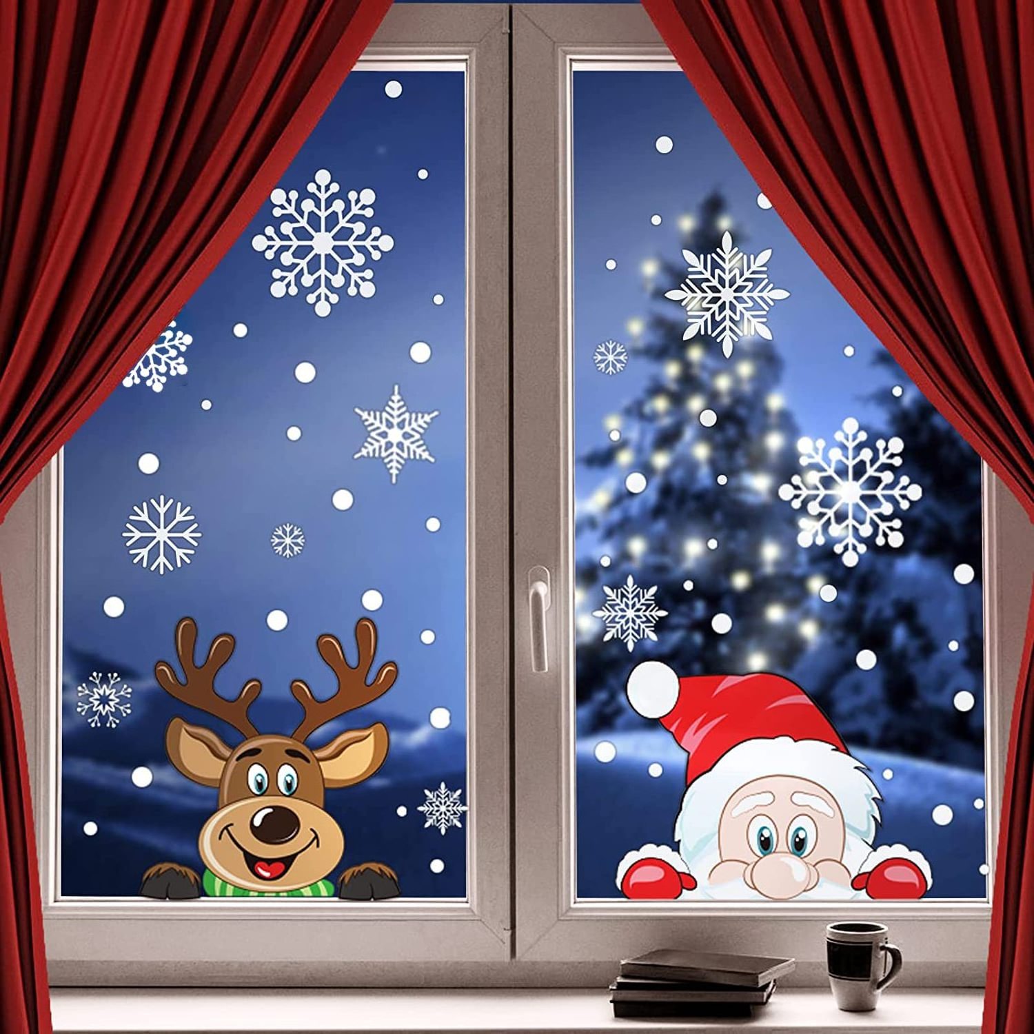 Holiday Christmas Snowflake Window Cling Stickers Snowflake Santa Claus Reindeer Decals