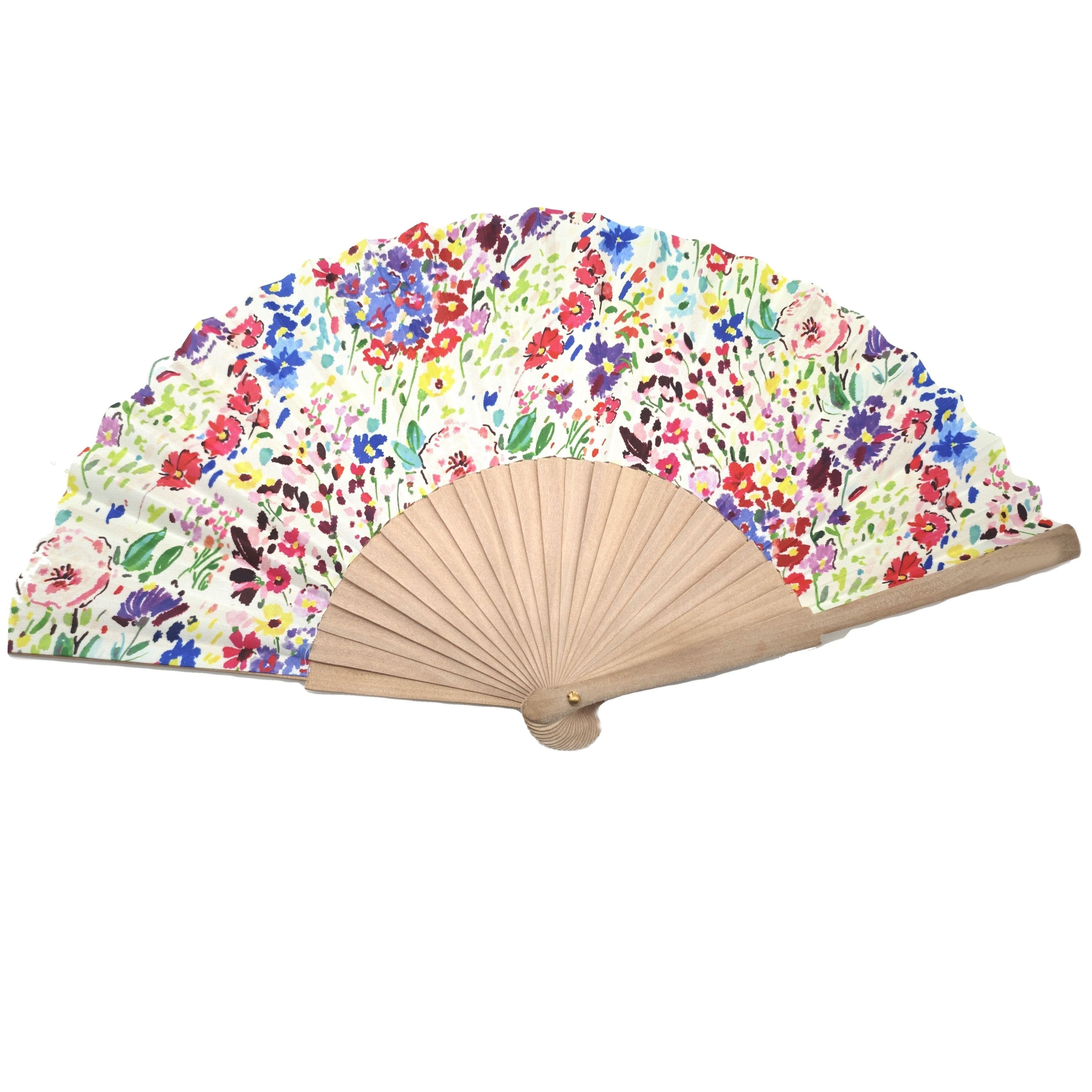 Custom Printed Folding Fan Foldable Wood Fabric Hand Fan Wholesale Bamboo Fan