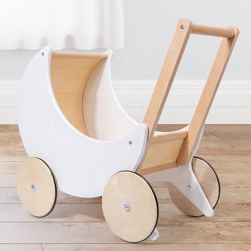 New design Kids birthday gift pretend to shopping European style moon shape baby walker storage cart wooden shopping cart toy