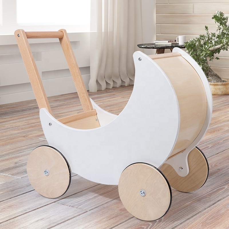 New design Kids birthday gift pretend to shopping European style moon shape baby walker storage cart wooden shopping cart toy