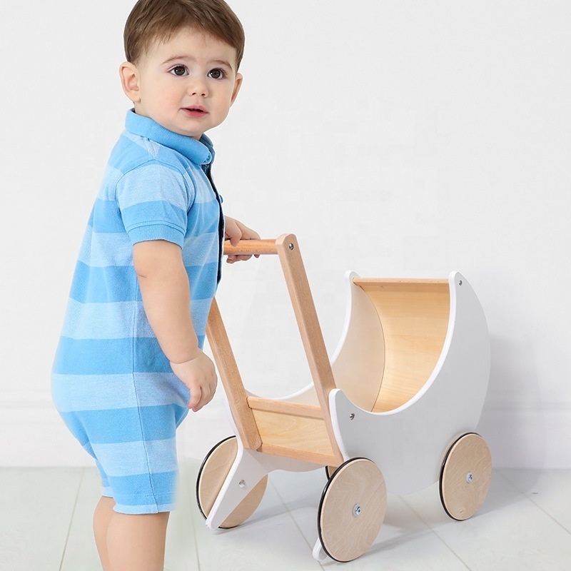 New design Kids birthday gift pretend to shopping European style moon shape baby walker storage cart wooden shopping cart toy