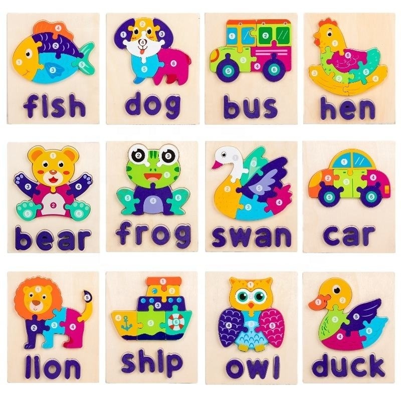 Classic Wooden 3d Alphabet Word Animal Jigsaw Puzzles Baby Montessori Educational Learning Puzzles Toys For Kids Boys Girls CE