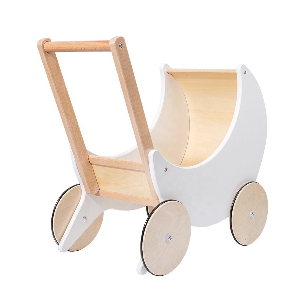 New design Kids birthday gift pretend to shopping European style moon shape baby walker storage cart wooden shopping cart toy