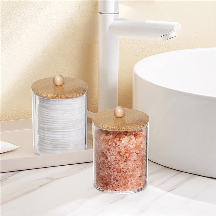 Qtip Holder Bathroom Organizer Accessories Storage Containers Clear Plastic Jars with Bamboo Lids for Cotton Ball, Cotton Swab