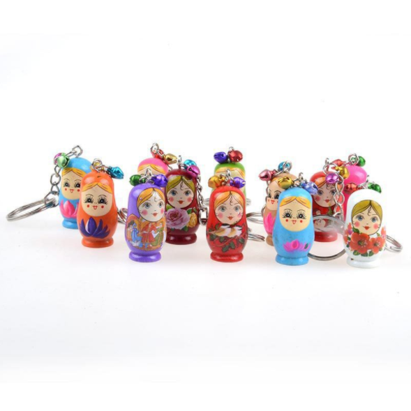 Wooden Decoration Craft Nesting Doll Keychain With Bell