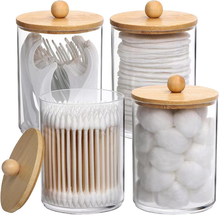 Qtip Holder Bathroom Organizer Accessories Storage Containers Clear Plastic Jars with Bamboo Lids for Cotton Ball, Cotton Swab