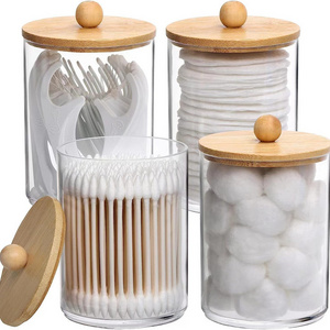 Qtip Holder Bathroom Organizer Accessories Storage Containers Clear Plastic Jars with Bamboo Lids for Cotton Ball, Cotton Swab