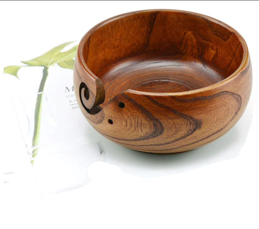 Natural Handmade Wave Hole Storage Sewing Holder Yarn Crochet Hand Knitting Wooden Yarn Bowl