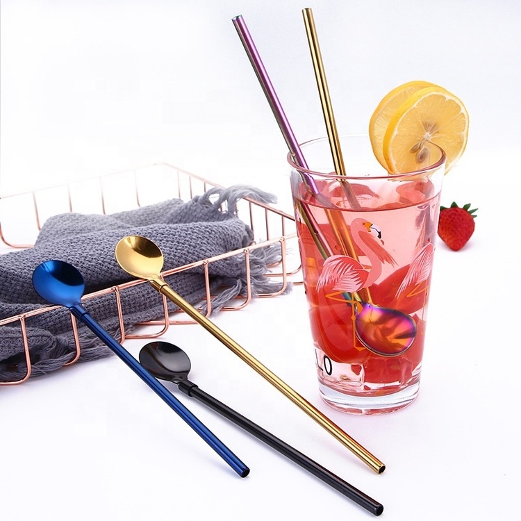 Wholesale colored stainless steel straw spoon drinking ice cream spoon coffee spoon