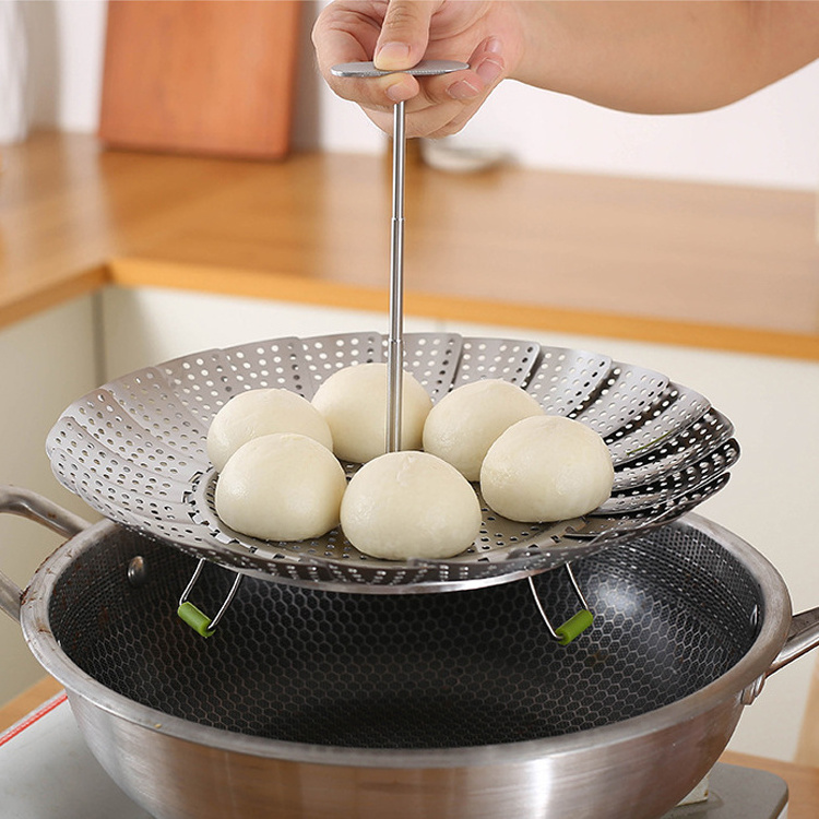 Wholesale stainless steel telescopic folding food steamer dumpling steamer drain basket