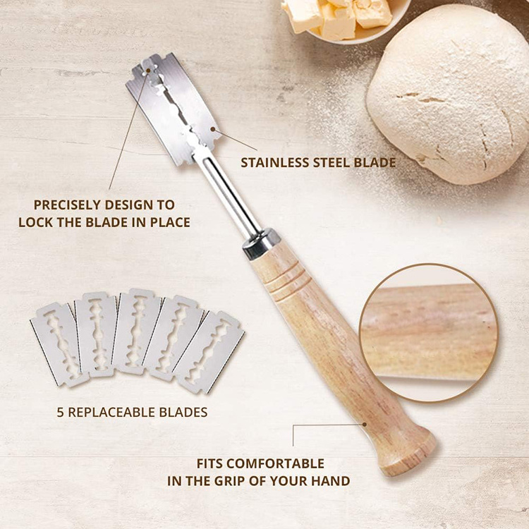 stainless steel dough scraper with wood handle bread lame dough scoring tool dough roller baking tool for pizza bread pastry