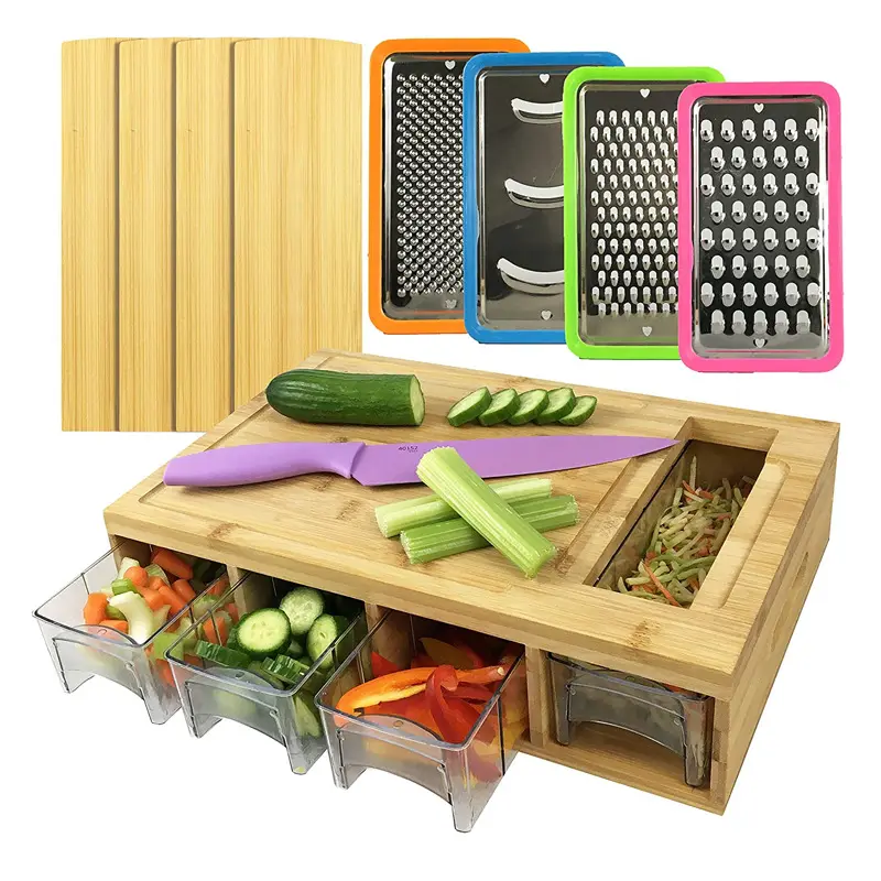 Wholesale custom large organic kitchen chopping natural bamboo cutting board with 4 draw tray and 4 vegetable grater