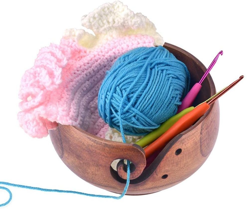 Natural Handmade Wave Hole Storage Sewing Holder Yarn Crochet Hand Knitting Wooden Yarn Bowl