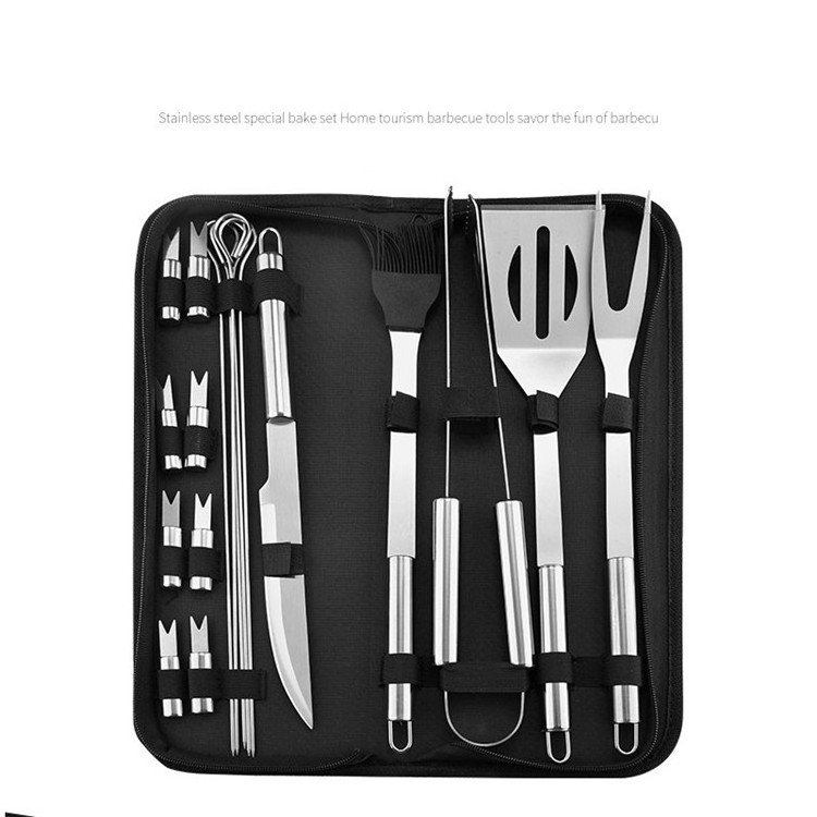 Portable Household Outdoor BBQ Grill Set with Metal Tools Including Forged Forks in Tote Bag