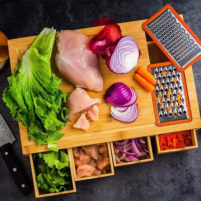 Wholesale custom large organic kitchen chopping natural bamboo cutting board with 4 draw tray and 4 vegetable grater