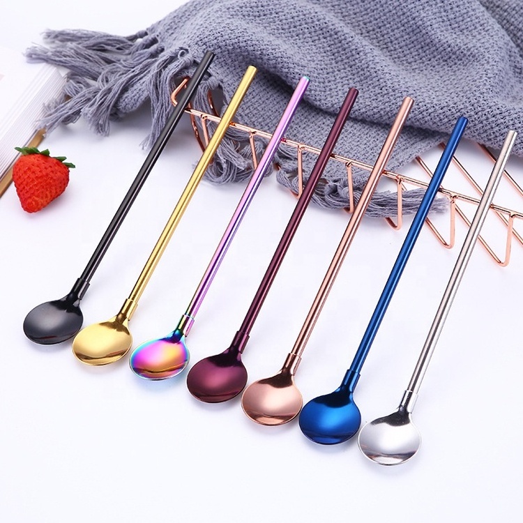 Wholesale colored stainless steel straw spoon drinking ice cream spoon coffee spoon